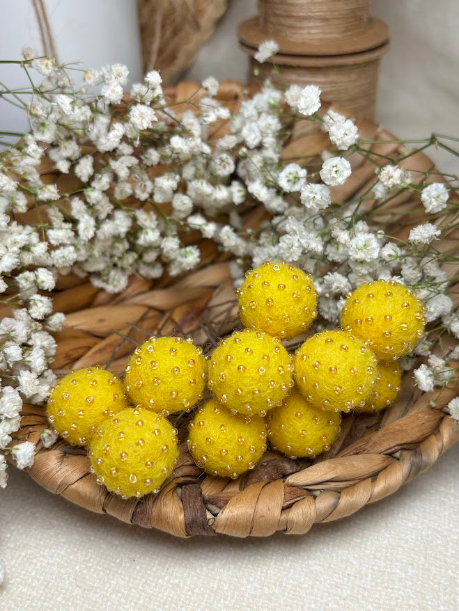 Beaded Hair Pins Set - Yellow Wool Balls (10 pcs)