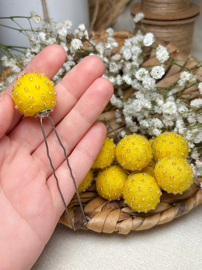 Beaded Hair Pins Set - Yellow Wool Balls (10 pcs)