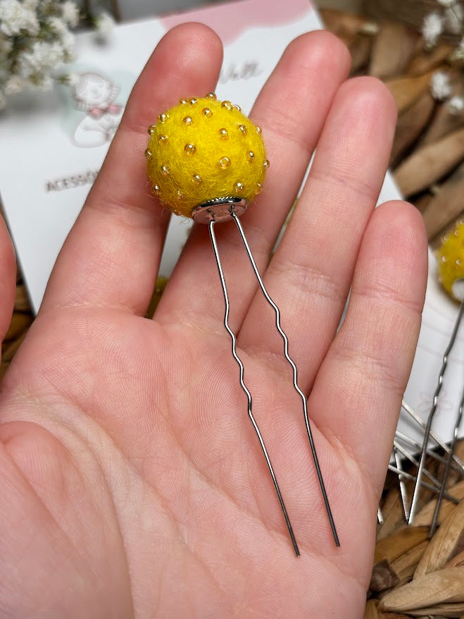 Beaded Hair Pins Set - Yellow Wool Balls (10 pcs)