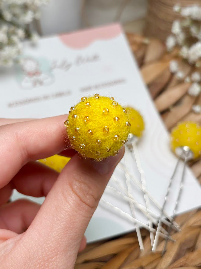 Beaded Hair Pins Set - Yellow Wool Balls (10 pcs)