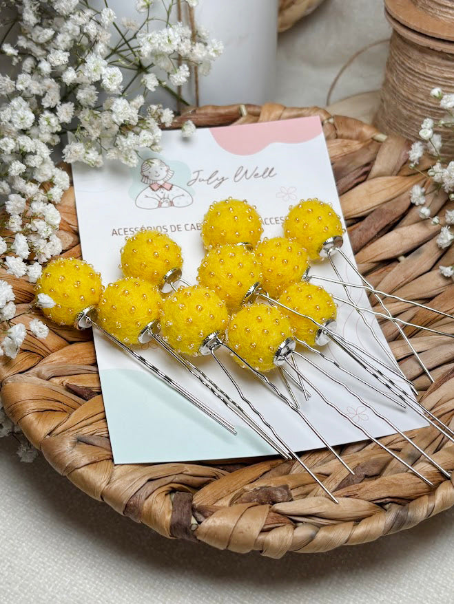 Beaded Hair Pins Set - Yellow Wool Balls (10 pcs)