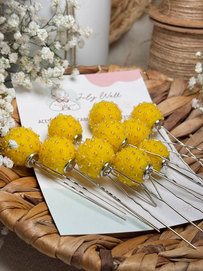 Beaded Hair Pins Set - Yellow Wool Balls (10 pcs)