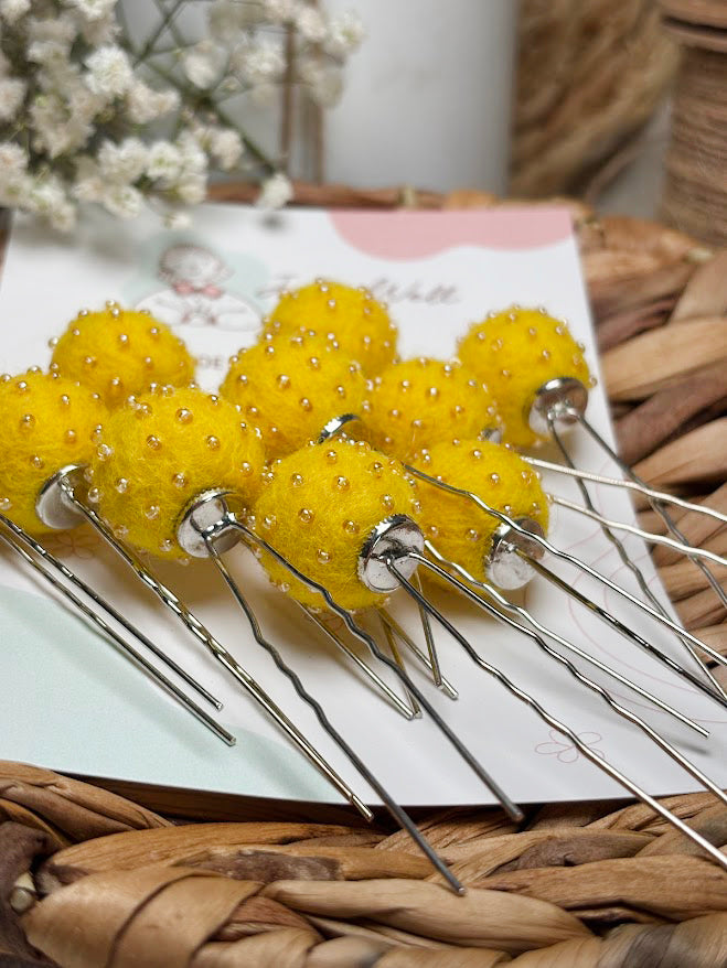 Beaded Hair Pins Set - Yellow Wool Balls (10 pcs)