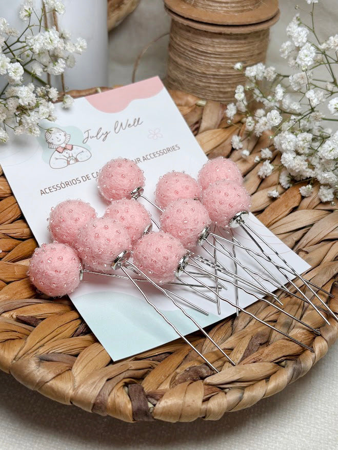 Beaded Hair Pins Set - Soft Pink Wool Balls (10 pcs)