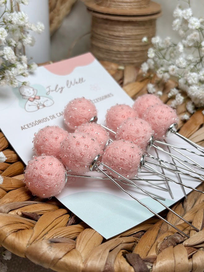 Beaded Hair Pins Set - Soft Pink Wool Balls (10 pcs)
