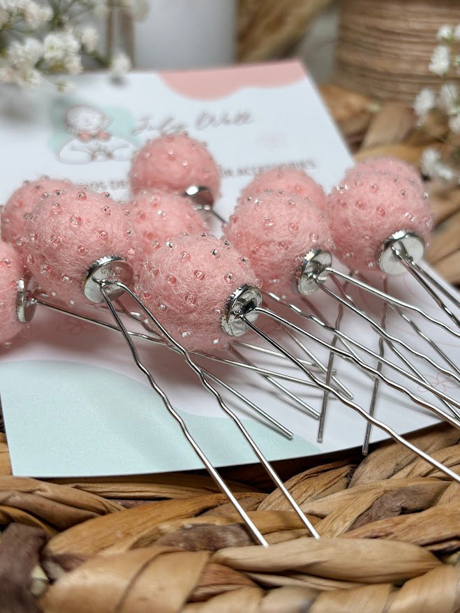 Beaded Hair Pins Set - Soft Pink Wool Balls (10 pcs)
