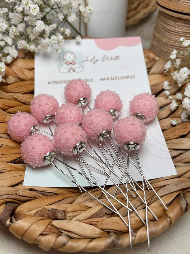 Beaded Hair Pins Set - Soft Pink Wool Balls (10 pcs)