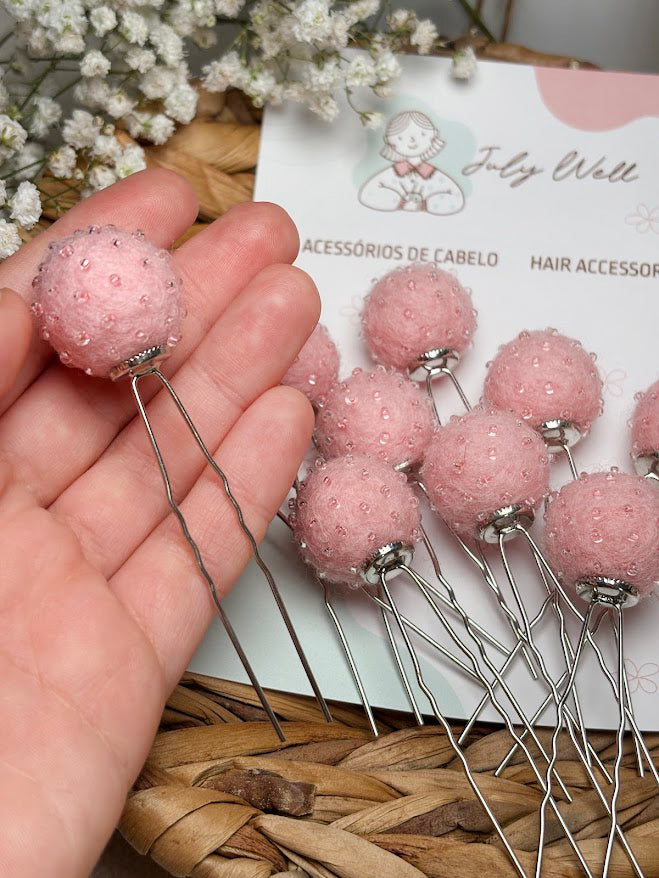 Beaded Hair Pins Set - Soft Pink Wool Balls (10 pcs)