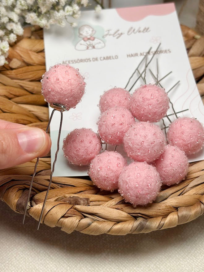 Beaded Hair Pins Set - Soft Pink Wool Balls (10 pcs)