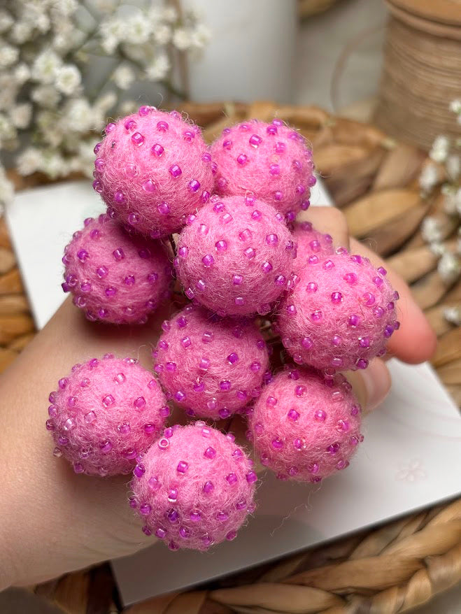 Beaded Hair Pins Set - Pink Purple Wool Balls (10 pcs)