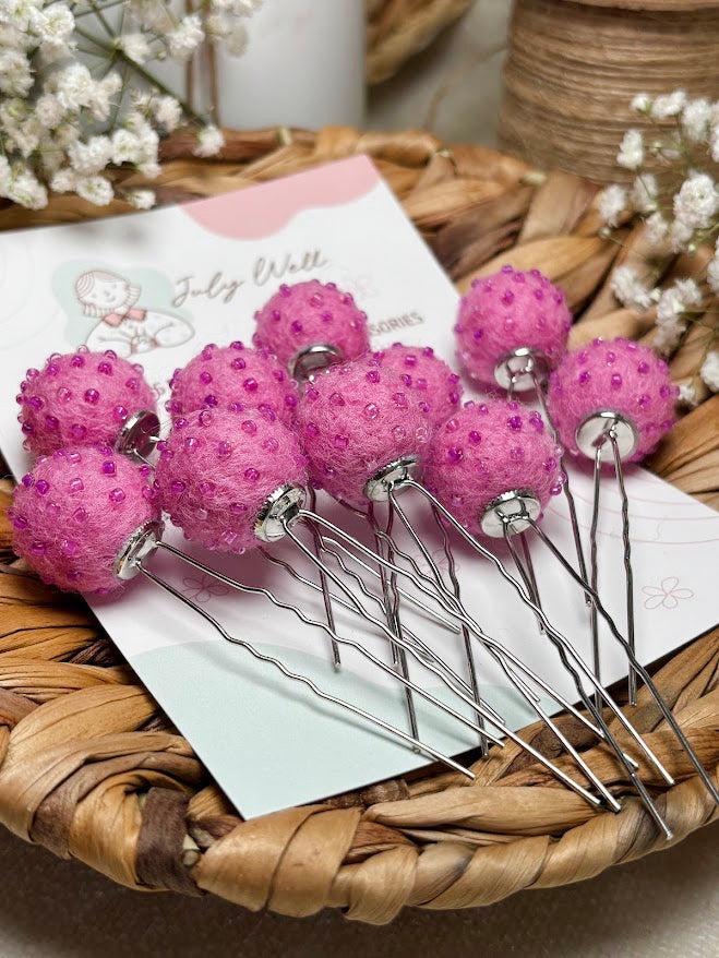 Beaded Hair Pins Set - Pink Purple Wool Balls (10 pcs)