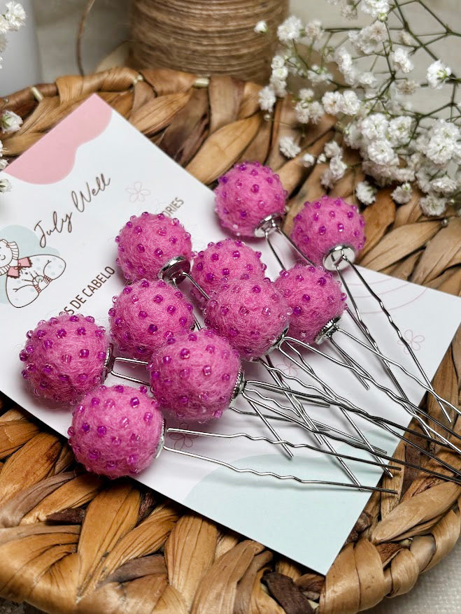 Beaded Hair Pins Set - Pink Purple Wool Balls (10 pcs)