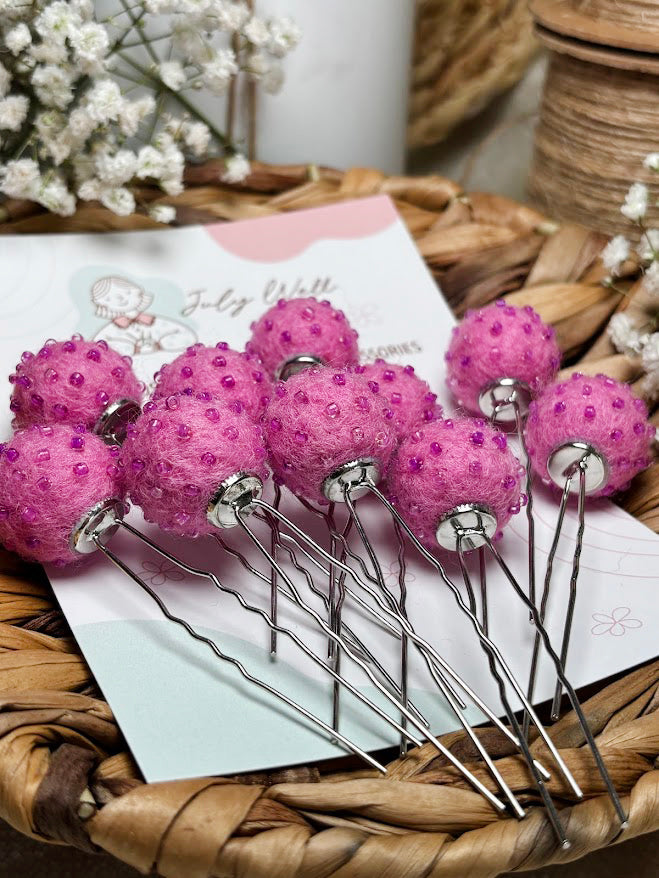 Beaded Hair Pins Set - Pink Purple Wool Balls (10 pcs)