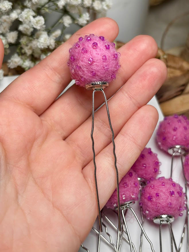 Beaded Hair Pins Set - Pink Purple Wool Balls (10 pcs)