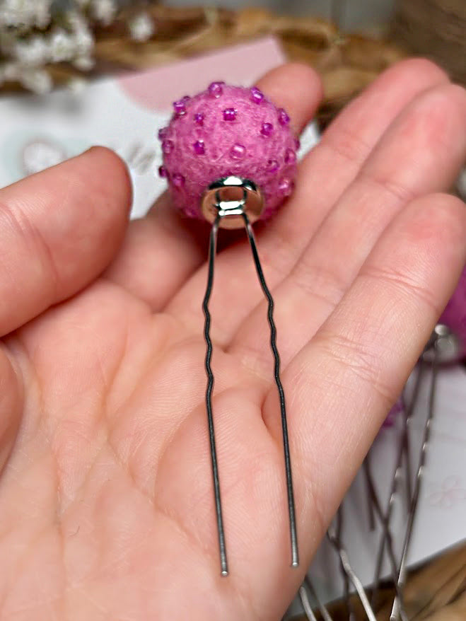 Beaded Hair Pins Set - Pink Purple Wool Balls (10 pcs)
