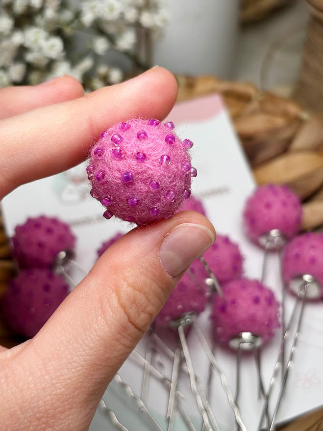 Beaded Hair Pins Set - Pink Purple Wool Balls (10 pcs)