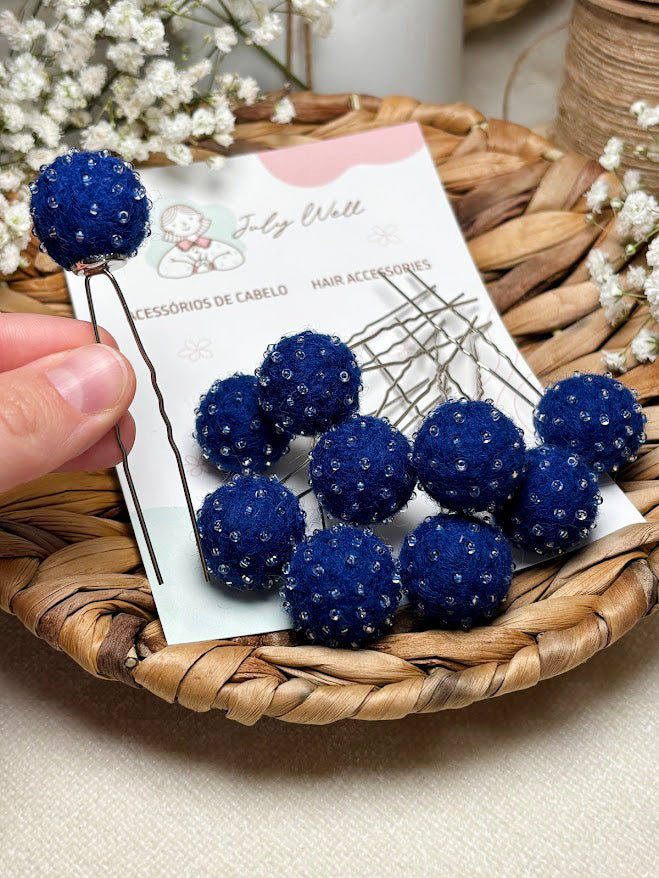 Beaded Hair Pins Set - Navy Blue Wool Balls (10 pcs)
