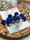 Beaded Hair Pins Set - Navy Blue Wool Balls (10 pcs)