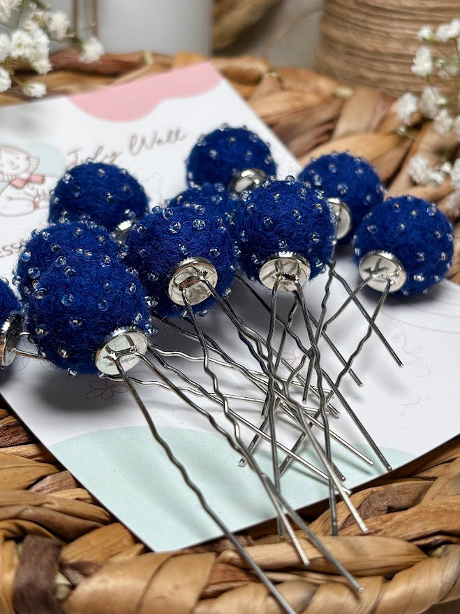 Beaded Hair Pins Set - Navy Blue Wool Balls (10 pcs)