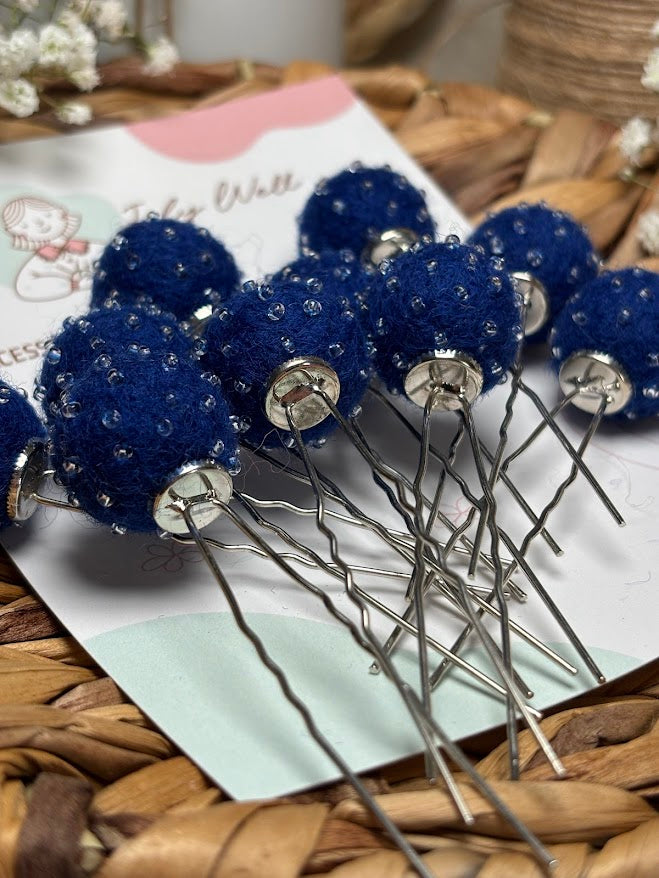 Beaded Hair Pins Set - Navy Blue Wool Balls (10 pcs)