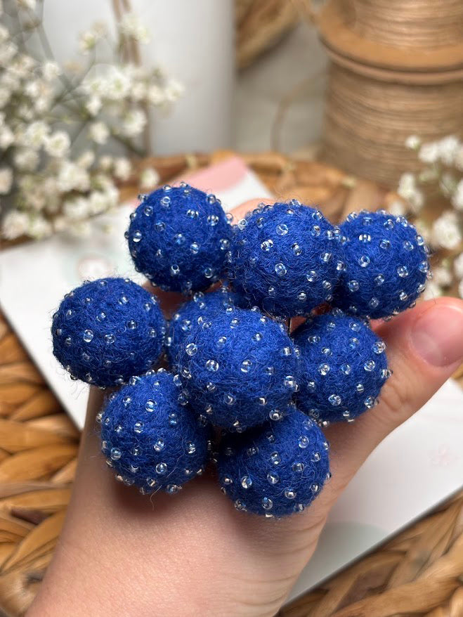Beaded Hair Pins Set - Navy Blue Wool Balls (10 pcs)