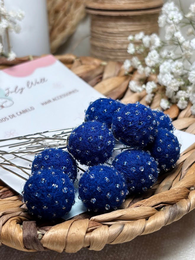 Beaded Hair Pins Set - Navy Blue Wool Balls (10 pcs)