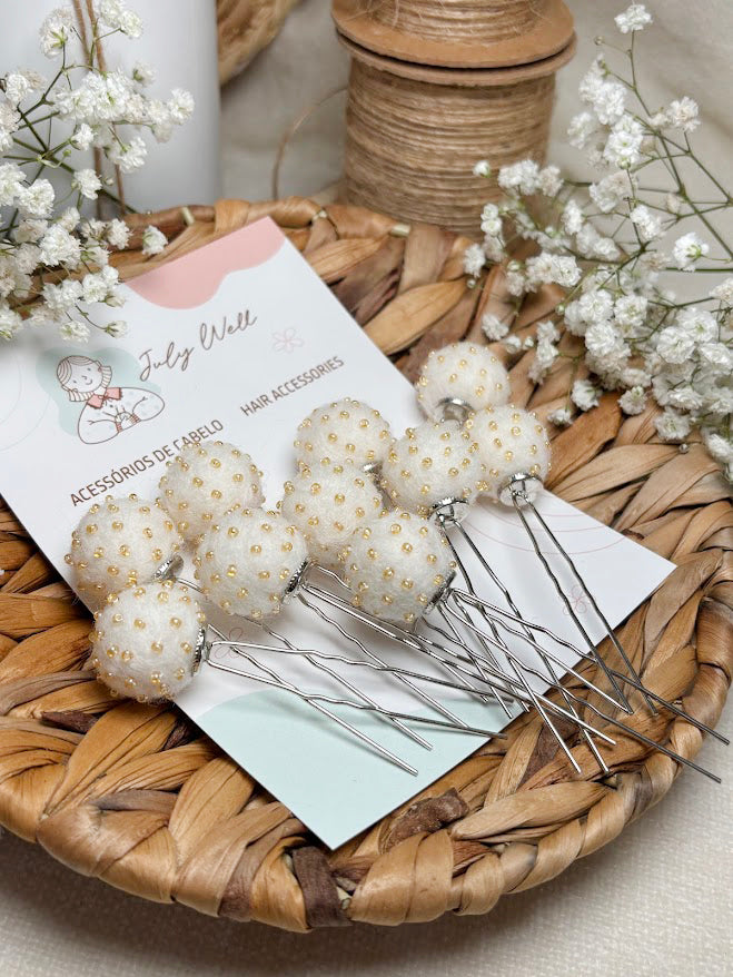 Beaded Hair Pins Set - White Wool Balls (10 pcs)