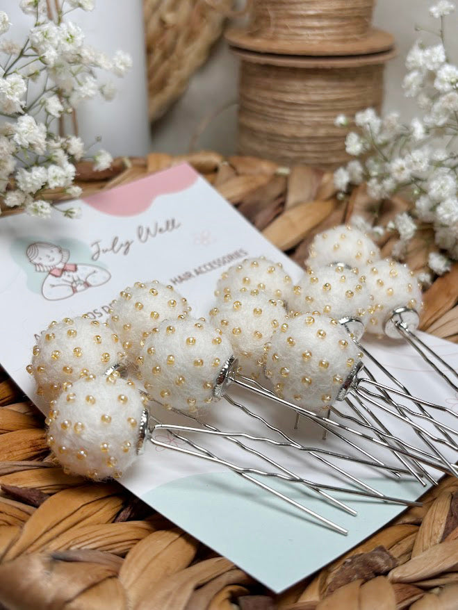 Beaded Hair Pins Set - White Wool Balls (10 pcs)