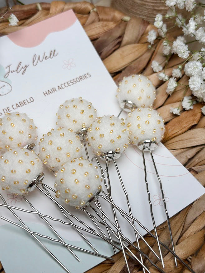Beaded Hair Pins Set - White Wool Balls (10 pcs)