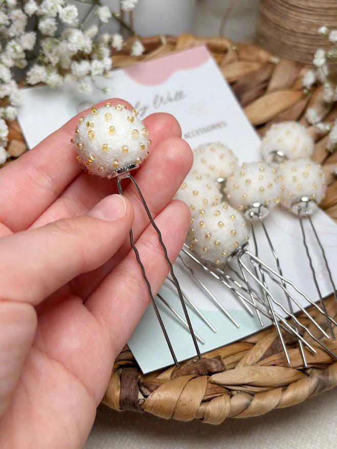 Beaded Hair Pins Set - White Wool Balls (10 pcs)