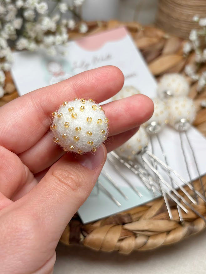 Beaded Hair Pins Set - White Wool Balls (10 pcs)