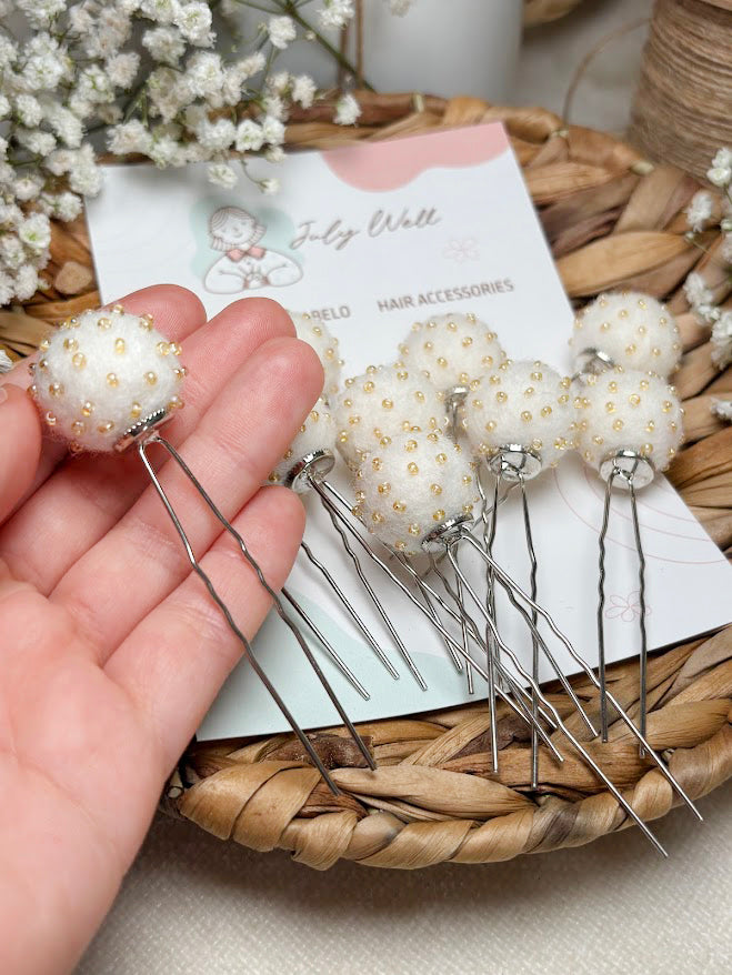 Beaded Hair Pins Set - White Wool Balls (10 pcs)