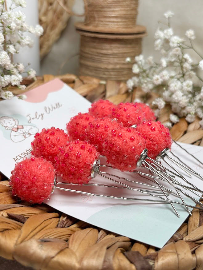 Beaded Hair Pins Set - Raspberry Wool Balls (10 pcs)