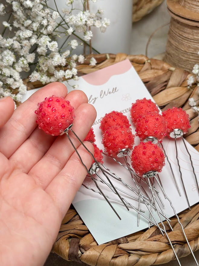 Beaded Hair Pins Set - Raspberry Wool Balls (10 pcs)