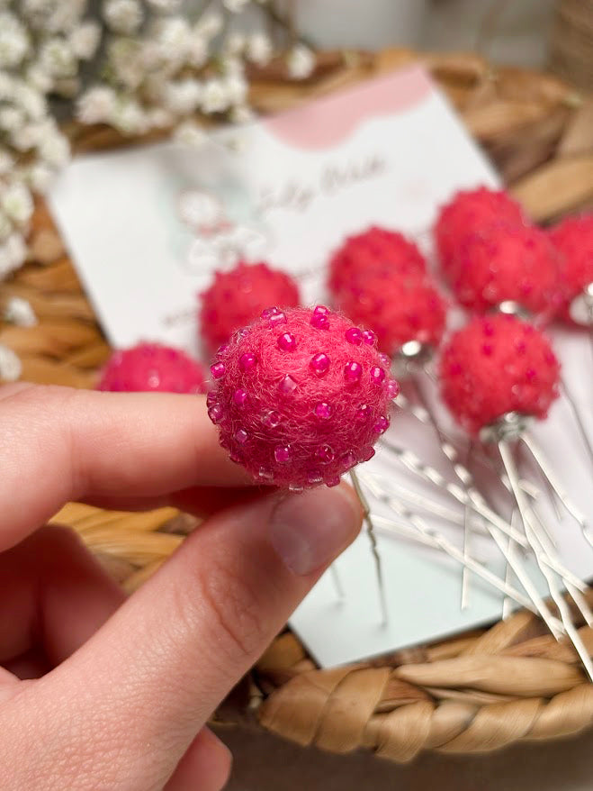 Beaded Hair Pins Set - Raspberry Wool Balls (10 pcs)