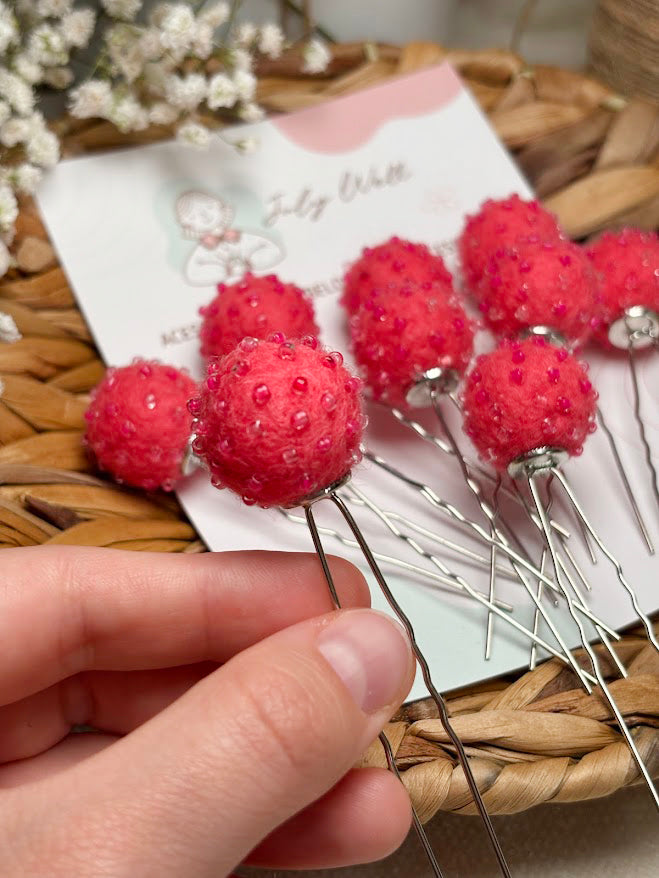 Beaded Hair Pins Set - Raspberry Wool Balls (10 pcs)