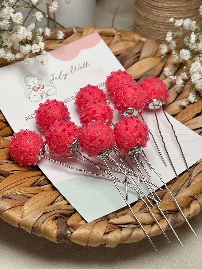 Beaded Hair Pins Set - Raspberry Wool Balls (10 pcs)