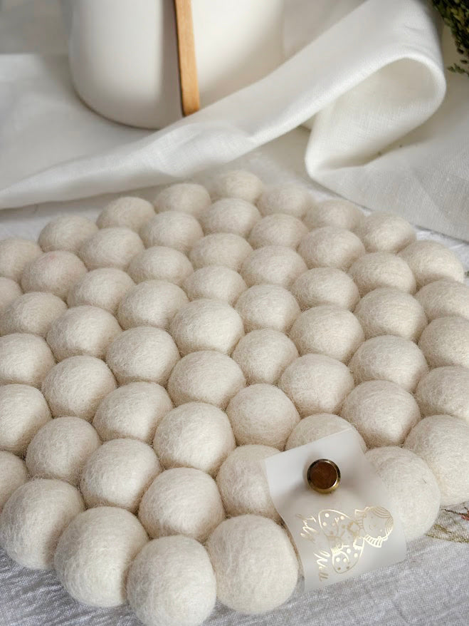 Wool Ball Trivet - Natural White Hexagon shape