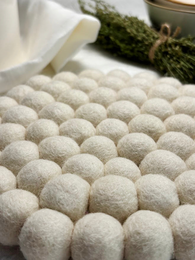 Wool Ball Trivet - Natural White Hexagon shape