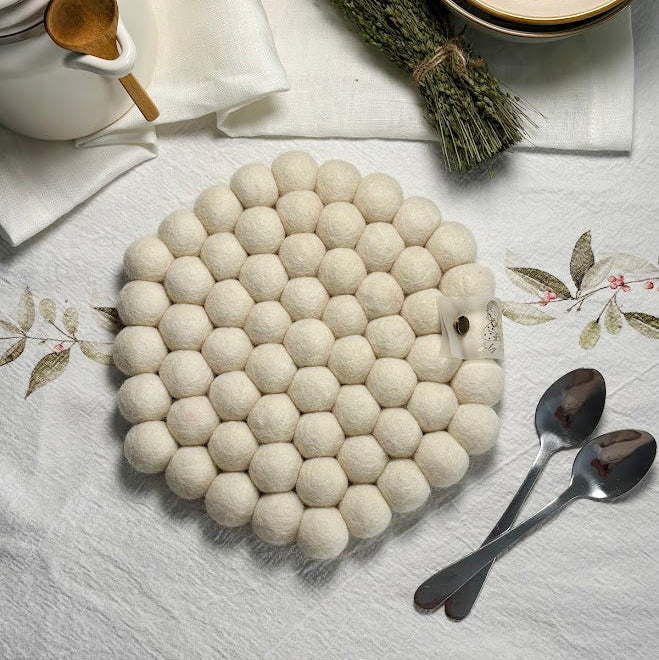 Wool Ball Trivet - Natural White Hexagon shape