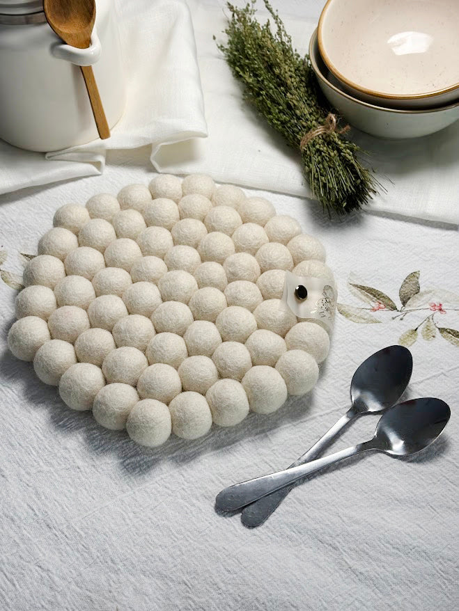 Wool Ball Trivet - Natural White Hexagon shape