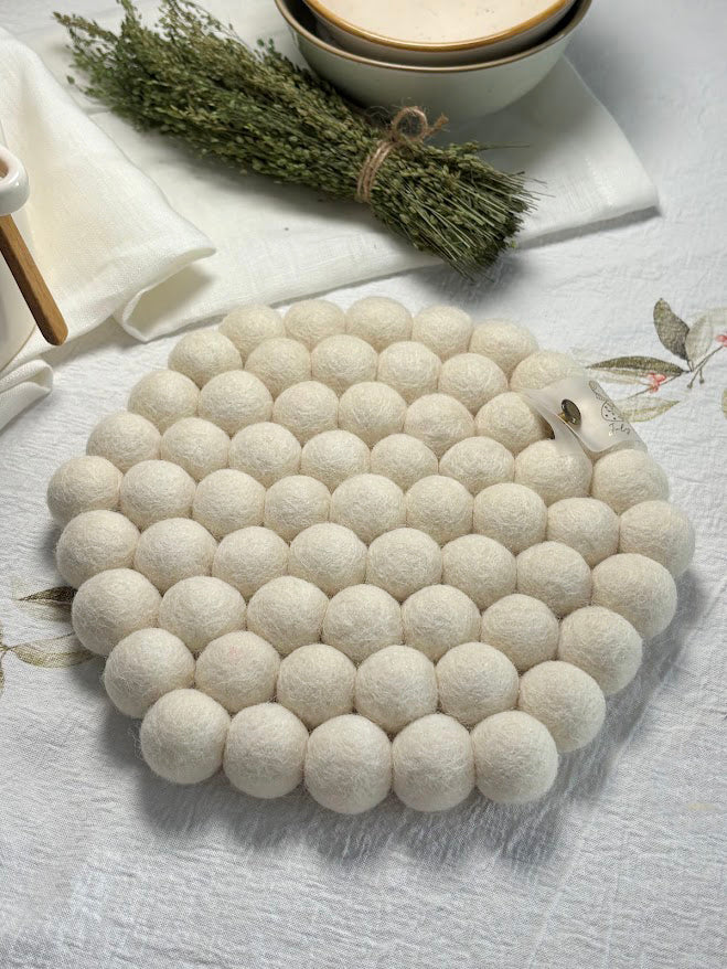 Wool Ball Trivet - Natural White Hexagon shape