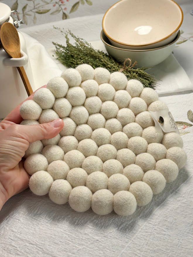 Wool Ball Trivet - Natural White Hexagon shape