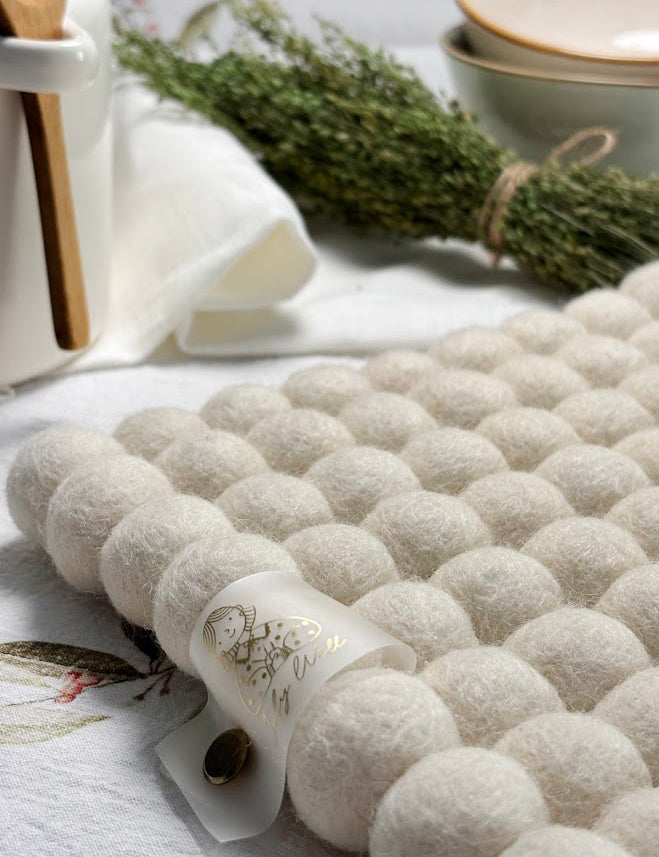 Wool Ball Trivet - Natural White Square shape