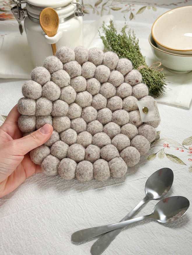 Handmade Wool Trivets - Round Beige Melange