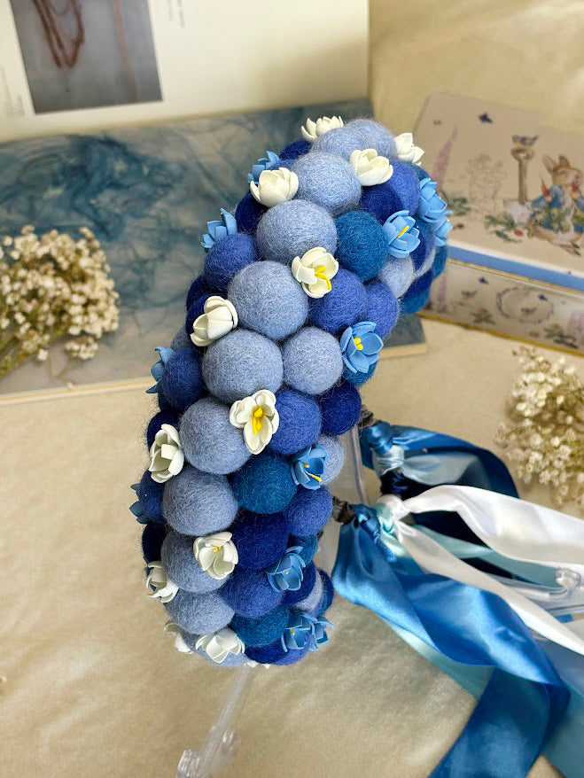 Sky Blue Wool Ball Flower Crown with Satin Ribbons