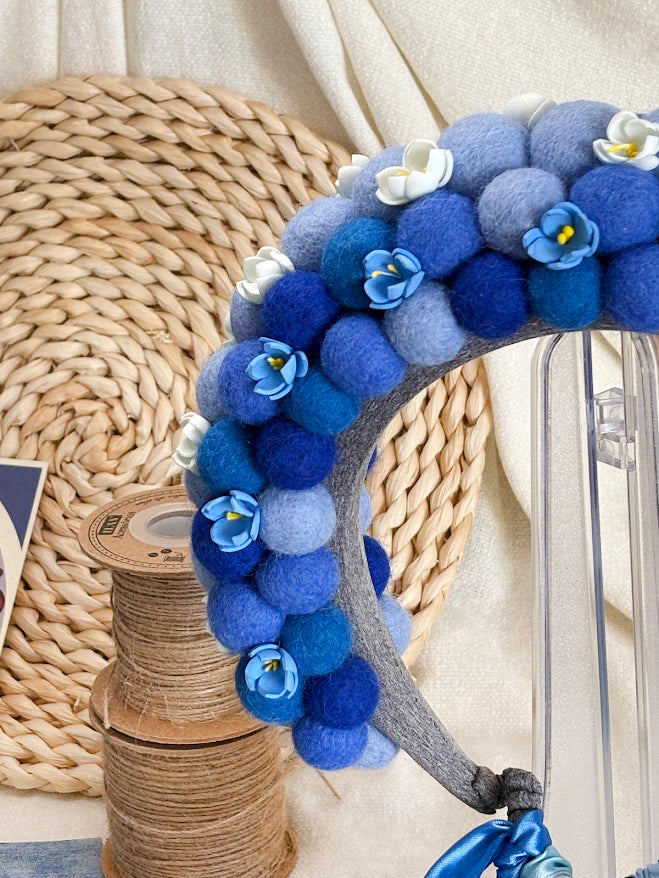 Sky Blue Wool Ball Flower Crown with Satin Ribbons