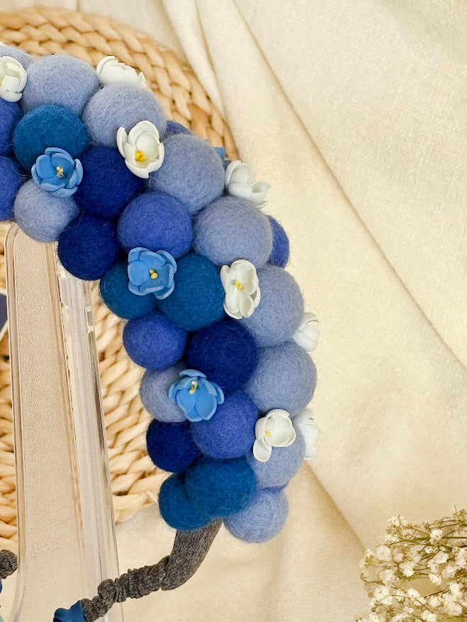 Sky Blue Wool Ball Flower Crown with Satin Ribbons
