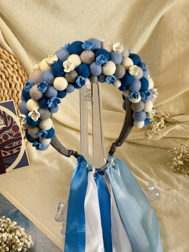 Blue and Grey Wool Ball Flower Crown with Satin Ribbons