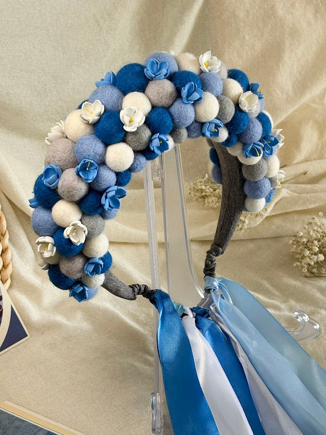 Blue and Grey Wool Ball Flower Crown with Satin Ribbons